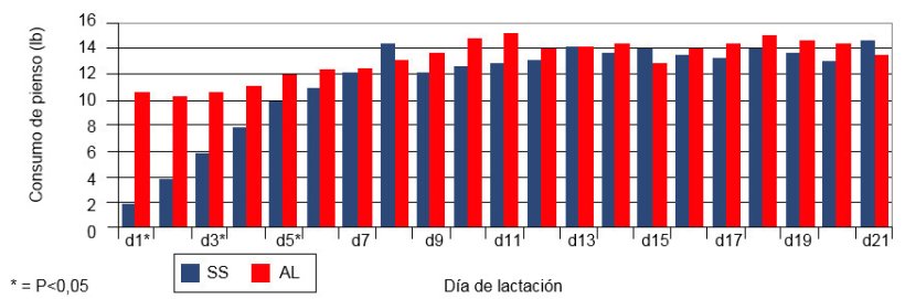 Ingesta diaria de las cerdas durante la lactaci&oacute;n con un sistema de alimentaci&oacute;n restringido respecto a un sistema ad libitum