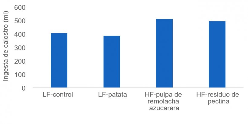 Figura 1: La ingesta suficiente de calostro es crucial para que los lechones reci&eacute;n nacidos se mantengan vivos y algunas fuentes de fibra (por ejemplo, pulpa de remolacha y pectina) pueden estimular la producci&oacute;n de calostro de la cerda. En este estudio la ingesta de calostro se midi&oacute; mediante is&oacute;topos.
