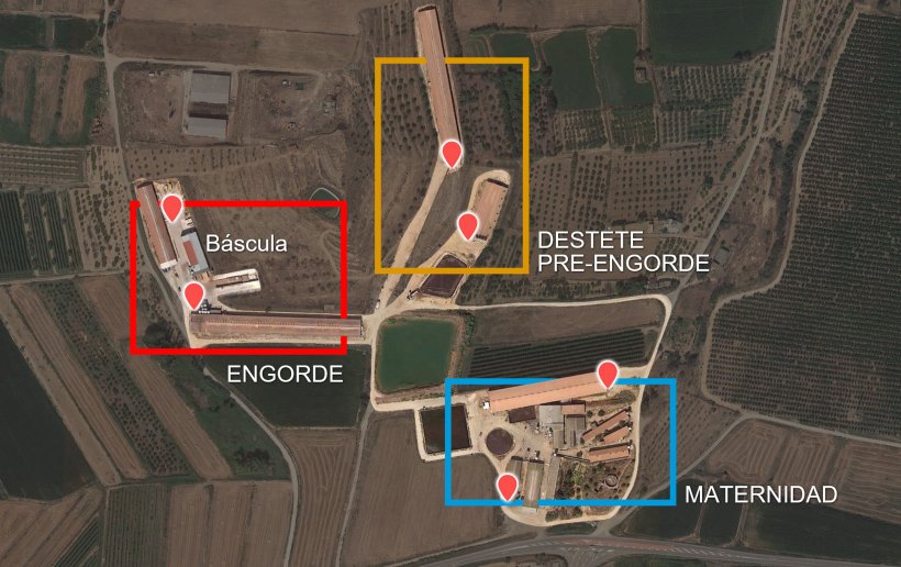 Imagen 2. Distribuci&oacute;n de las fases por naves y muelles de carga originales (punteros rojos).
