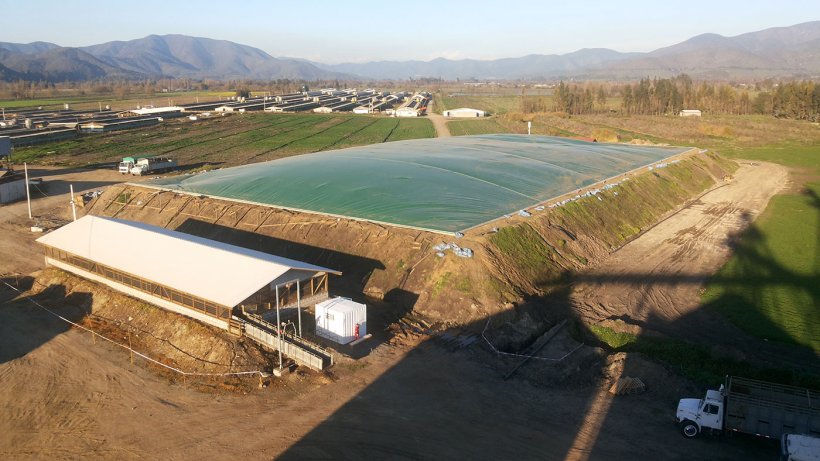 Figura 3: Laguna anaerobia cubierta con recuperaci&oacute;n y aprovechamiento energ&eacute;tico del biog&aacute;s en el Plantel El Campesino (Agr&iacute;cola AASA, Chile). Foto: Alejandro Gebauer.
