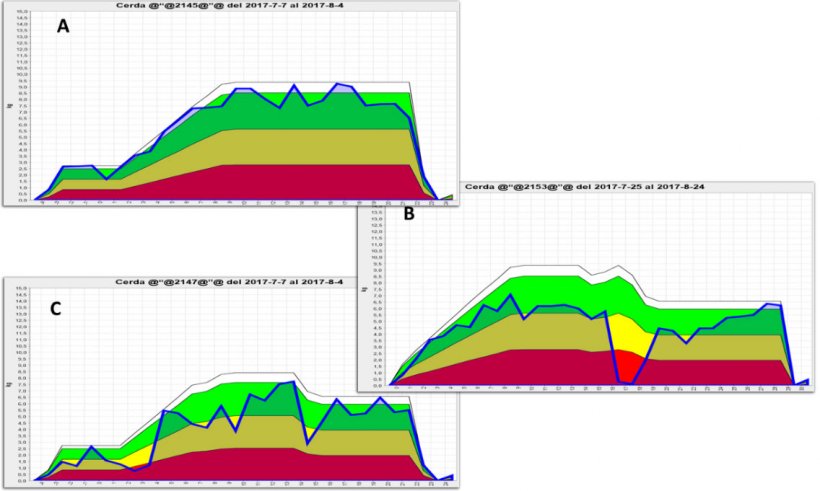 Figura 2. Representaci&oacute;n gr&aacute;fica del consumo de cerdas lactantes obtenido mediante el uso de comederos electr&oacute;nicos. A) Patr&oacute;n normal de consumo, B) disminuci&oacute;n importante; y C) peque&ntilde;a ca&iacute;da de consumo a lo largo de la lactaci&oacute;n. El &aacute;rea verde muestra la ingesta de ideal para esa cerda en particular, el &aacute;rea amarilla es una advertencia de que la ingesta se est&aacute; viendo reducida y el &aacute;rea roja representa una fuerte desviaci&oacute;n del patr&oacute;n normal de consumo, y un alto riesgo de deterioro reproductivo posterior. Fuente: GESTAL SOLO, JYGA Technologies.
