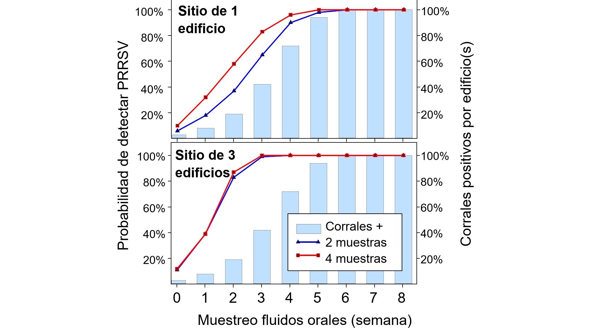 Figura 1. Detecci&oacute;n de PRRSV usando muestreo fijo espacial. Probabilidad de detectar &ge; 1 muestra positiva a PRRSV como funci&oacute;n del n&uacute;mero de muestras tomadas por nave&nbsp;(2 o 4) y el n&uacute;mero de corrales muestreados por granja (1 o 3). Nota que la probabilidad de detecci&oacute;n incrementa geom&eacute;tricamente con el n&uacute;mero de cuerdas y naves muestreadas. Datos de Rotolo et al., (2017). 
