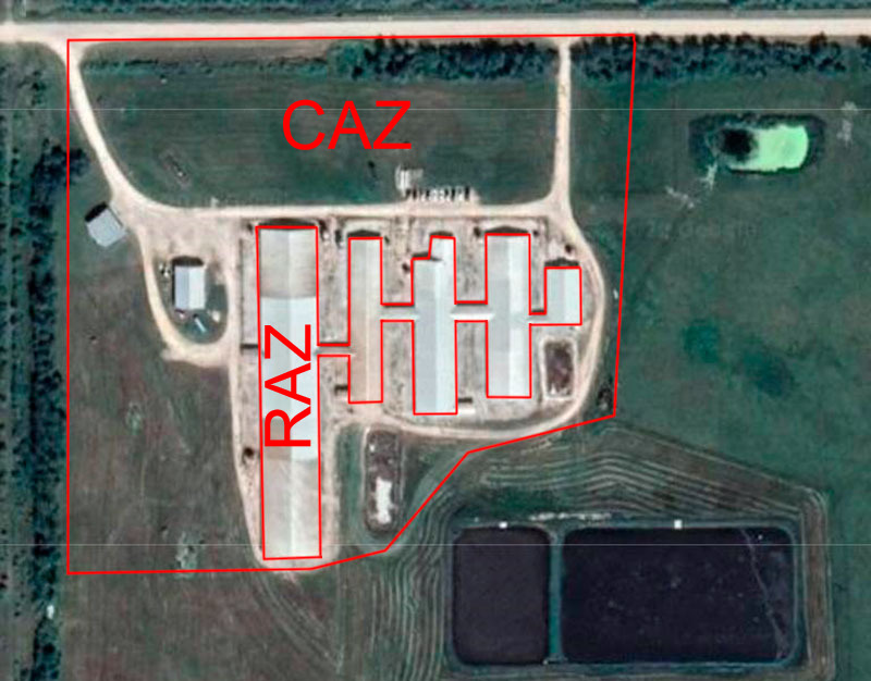 Imagen 1. Zona de acceso restringido (RAZ) y zona de acceso controlado (CAZ) de una granja. L&iacute;mites zona sucia/limpia en granja. https://www.cpc-ccp.com/visitor-and-farm-biosecurity
