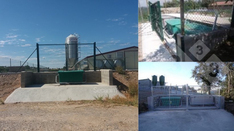 Imagen 1-3. Ejemplos de contenedores de recogida en granjas con barreras f&iacute;sicas para asegurar una clara separaci&oacute;n entre la zona limpia y sucia. Cortes&iacute;a de Secanim (Espa&ntilde;a).
