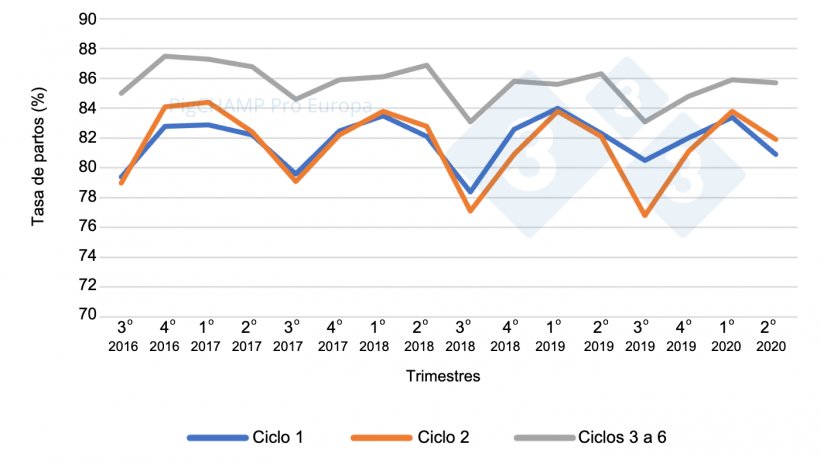 Gr&aacute;fico 4.&nbsp;Tasa de partos por ciclo y trimestres de cubriciones, cubriciones periodo Julio 16-Junio 20.
