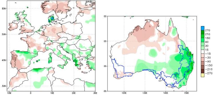 Figura 2. Izquierda: Anomal&iacute;as en las precipitaciones europeas. Derecha: Anomal&iacute;as en las precipitaciones australianas. Climate Prediction Center &ndash; NOOA (mm) 09NOV2021 - 08DEC2021. Data source: CPC Unified (gauge-based &amp; 0,5X0,5 deg resolution) Precipitation Analysis Climatology (1991-2020)
