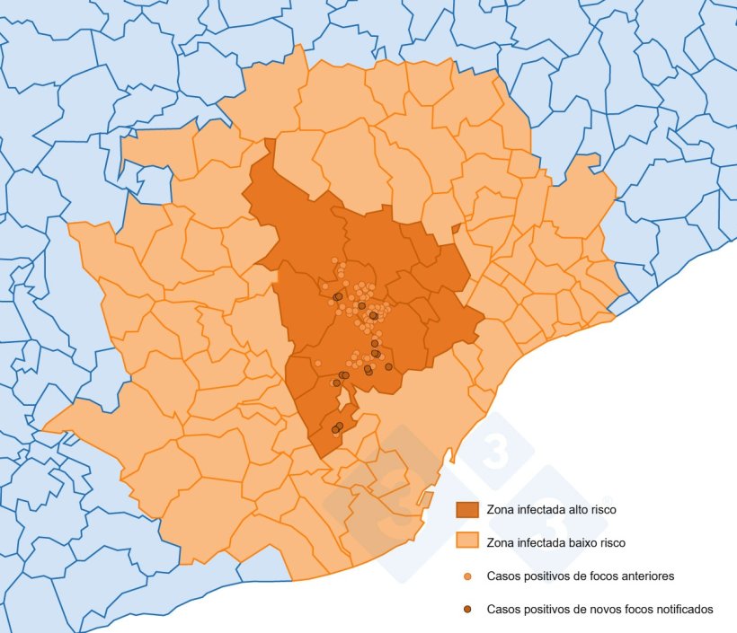 Mapa de novos focos de PSA na Espanha

