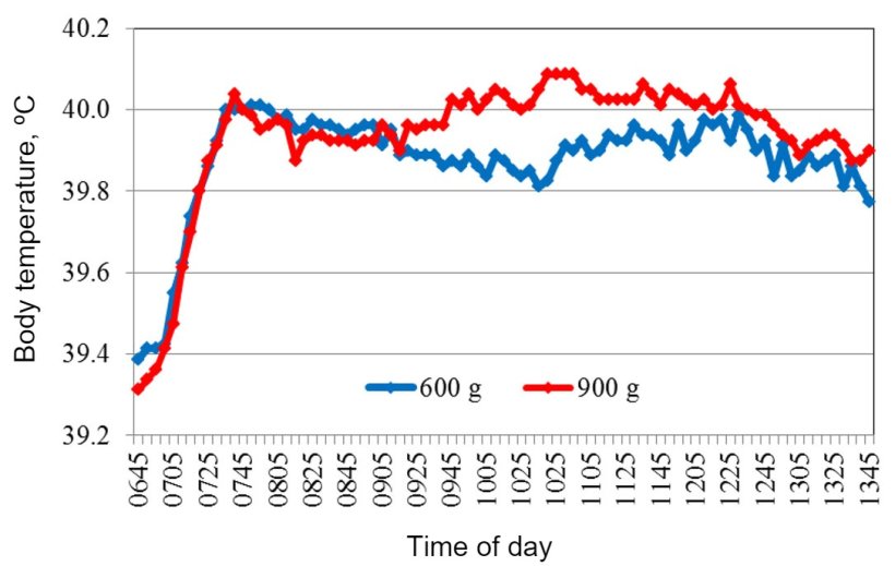 Figure 2. Average body temperature recorded after feeding at 07:00 AM.