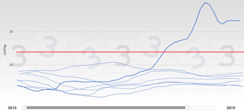 图2:2013-2019年中国价格走势。2019年以一条较粗的线标示。红色是333用户预测的2019年最高生猪价格中值。