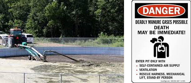 Links: Der Aufenthalt von Personen im Lee einer offenen Jauchegrube kann beim Bewegen oder Abpumpen der G&uuml;lle aufgrund hoher H2S-Konzentrationen gef&auml;hrlich sein.&nbsp;Rechts: Warnschilder wie das hier abgebildete sollten au&szlig;en an den&nbsp;Schweinest&auml;llen angebracht werden, um an die vorgeschriebenen Sicherheits- und Verhaltensma&szlig;nahmen zu erinnern.
