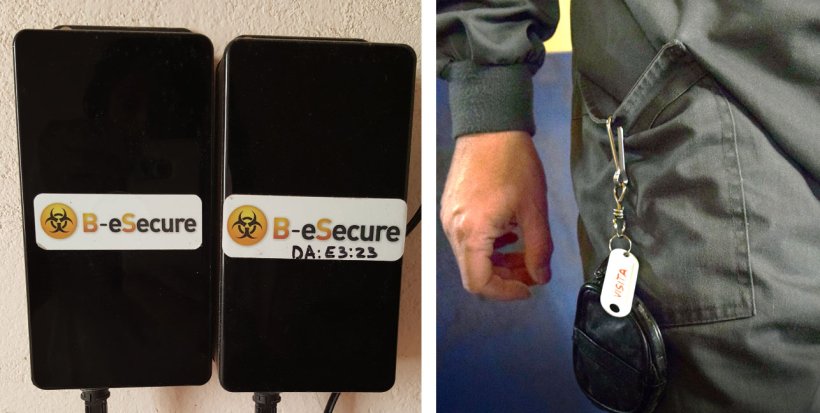 Abbildung 1: Darstellung der Systeminstallation. An der Wand wurden Ger&auml;te zur &Uuml;berwachung einzelner R&auml;ume installiert (links) und die einzelnen Mitarbeiter des Betriebs trugen die Beacons bei sich (rechts).
