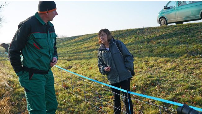 Verbraucherschutzministerin Ursula Nonnemacher informiert sich in Guben über den Aufbau der ersten Wildschutzzäune als Schutz vor ASP