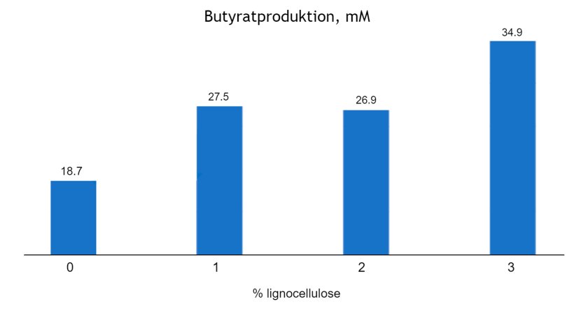 Abbildung 1: Dosisabh&auml;ngige Wirkung von Lignocellulose auf die Butyratproduktion (mM) bei Absetzferkeln im Alter von 63 Tagen (nach Silva-Guillen et al., 2022) P = 0,001, SEM = 1,810.
