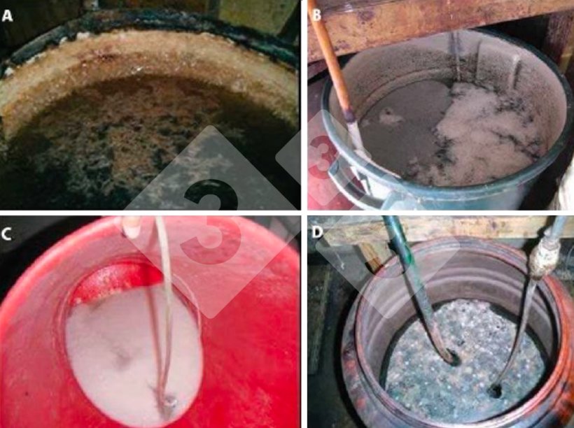 Abb. 1: L&ouml;sungen und ausgef&auml;llte Produkte, die das Medikationssystem blockieren k&ouml;nnen. A: Kristalle und schwarzer Schlamm; B: Kristalle und schwimmende Ablagerungen; C: Wei&szlig;e Ablagerungen in einer L&ouml;sung; D: Schwimmende Ablagerungen Quelle: Dorr PM, Madson M, Wayne S, et al. (2009)
