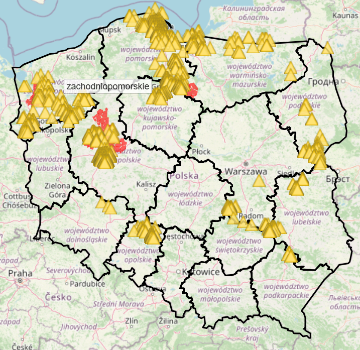 ASP-Fälle bei Wildschweinen Januar–April 2025. Quelle: Oberste Veterinärbehörde Polens