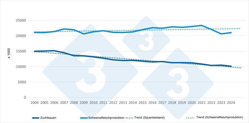 Entwicklung des EU-Sauenbestands im Vergleich zur Schweinefleischproduktion (2004&ndash;2024). Quelle: 333 mit Eurostat-Daten
