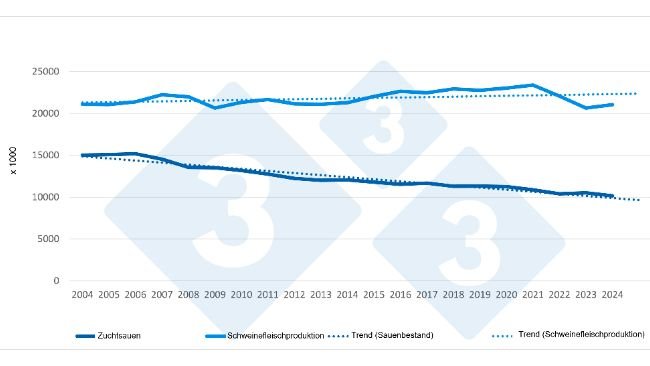 Entwicklung des EU-Sauenbestands im Vergleich zur Schweinefleischproduktion (2004–2024). Quelle: 333 mit Eurostat-Daten
