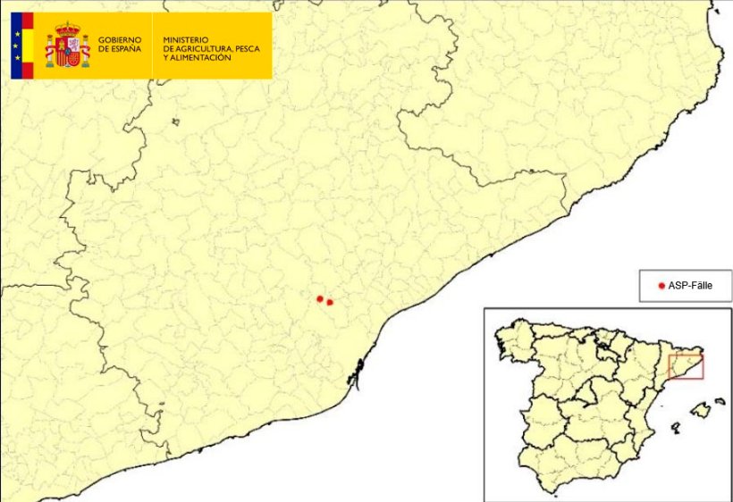Lage der 2 in Katalonien festgestellten ASP-F&auml;lle bei Wildschweinen (Quelle: MAPA)
