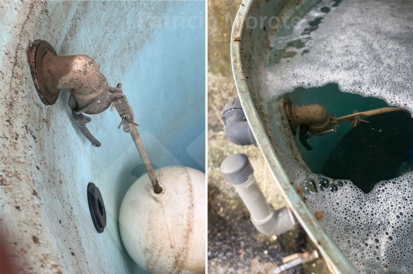 Foto 1: Links ist ein beschädigtes Schwimmerventil zu sehen, rechts ein überlaufender Tank aufgrund eines Ausfalls des Schwimmerventils.