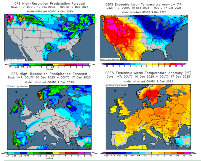 Immagine 1. Previsioni meteo per l'emisfero australe e l'Europa (fonte: Grads/Cola)
