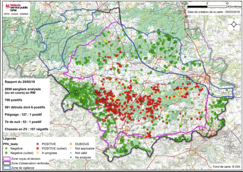 Mappa del limite delle zone e localizzazione dei cinghiali infetti fino al 25 marzo 2019.

