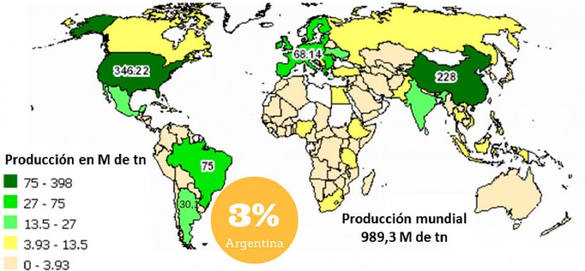 Gr&aacute;fico 1. Producci&oacute;n mundial de ma&iacute;z en la campa&ntilde;a 2015-16. Fuente: Departamento de Agricultura de Estados Unidos (USDA).
