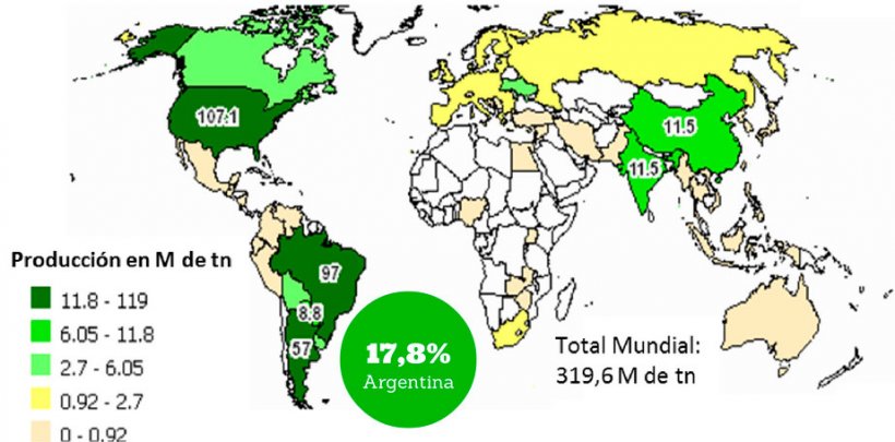 Gr&aacute;fico 2. Producci&oacute;n mundial de soja en la campa&ntilde;a 2015-16. Fuente: Departamento de Agricultura de Estados Unidos (USDA).
