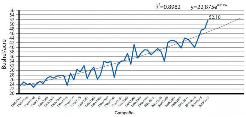 Gr&aacute;fico2. Rendimiento de producci&oacute;n de haba de soja en USA. Dato en bushel por acre. Fuente: USDA
