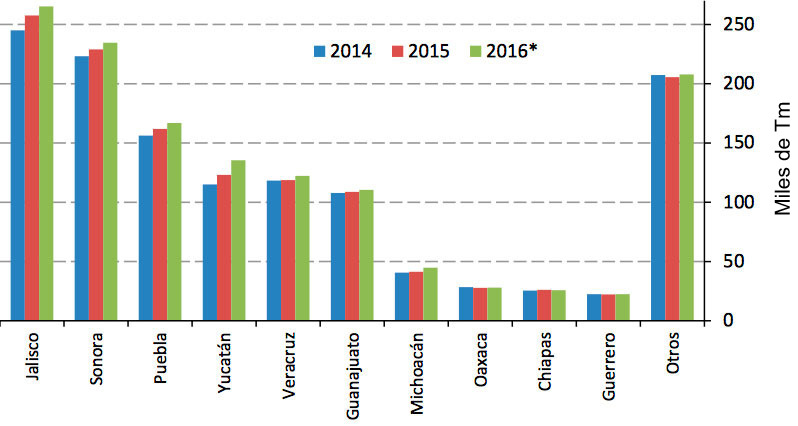 Imagen 2. Producci&oacute;n de carne de cerdo por estado (miles de Tm) de 2014 a 2016. Fuente: Servicio de informaci&oacute;n agroalimentaria y pesquera, SIAP.
