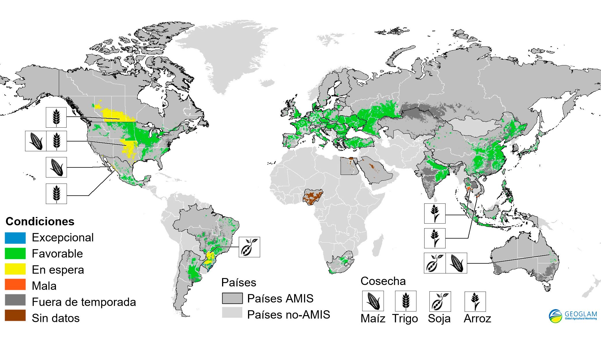 Figura 2. Condiciones de las cosechas en pa&iacute;ses AMIS (a 28 de marzo). Fuente GEOGLAM