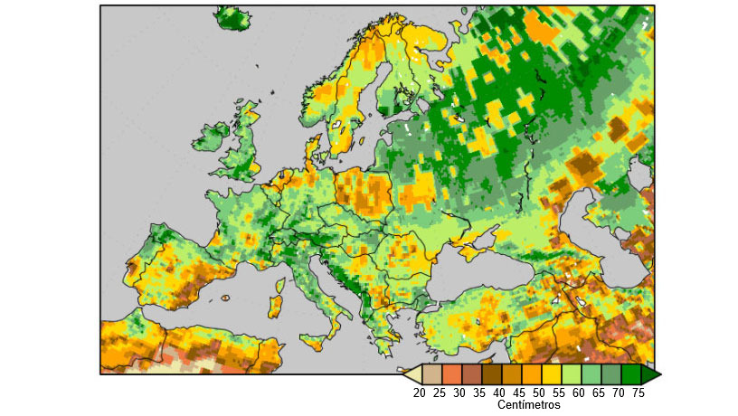 Gr&aacute;fico 3. Humedad del suelo medida como la cantidad de agua (cm) en los 2 metros superficiales, a 9 de abril de 2018. Fuente: National Centers for Environmental Prediction.
