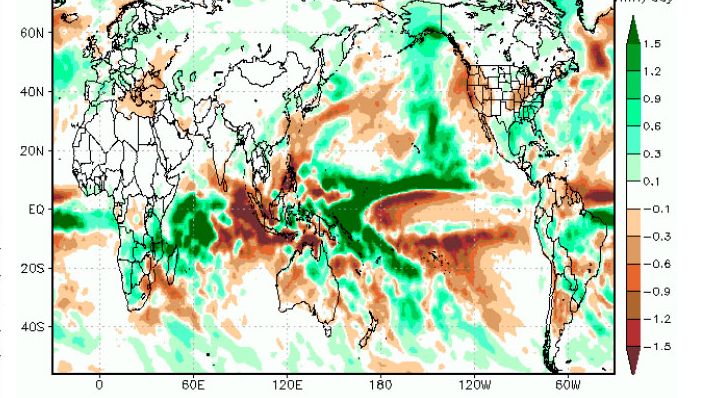Gr&aacute;fico 1: En estos dos mapas podemos encontrar el pron&oacute;stico de anomal&iacute;as en la temperatura y las lluvias durante el mes de octubre. (Fuente: GrADS/COLA).
