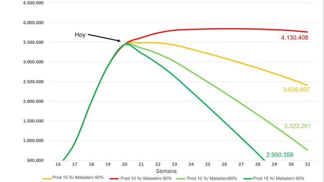 Figura 2. Previsión del número de cerdos eutanasiados en EEUU hasta finales de julio considerando 4 posibles escenarios. Fuente de los datos: Encuesta de sacrificio NASS del USDA y AMS LM_HG201