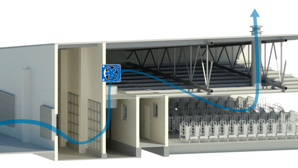 Ilustraci&oacute;n 2: Edificio de gestaci&oacute;n con sistema de impulsi&oacute;n de aire filtrado por sobrepresi&oacute;n y extracci&oacute;n no mecanizada.
