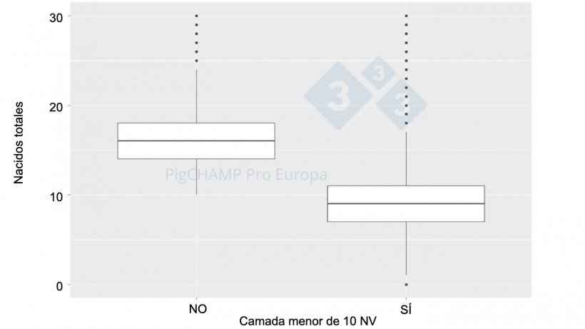 Gr&aacute;fico 4. Representaci&oacute;n gr&aacute;fica mediante diagrama de cajas del n&uacute;mero de lechones nacidos totales seg&uacute;n el tama&ntilde;o de la camada, 2018-2019.
