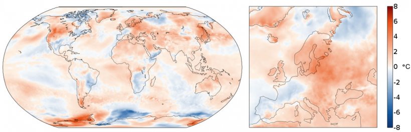 Figura 2. Anomal&iacute;a de la temperatura del aire en julio de 2021 en relaci&oacute;n al per&iacute;odo 1991-2020 .(Fuente: Copernicus Climate Change Service/ECMWF)
