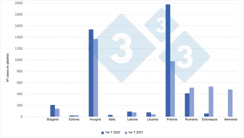 Casos de PPA en jabalíes (1er trimestre de 2021 vs 1er trimestre de 2020)