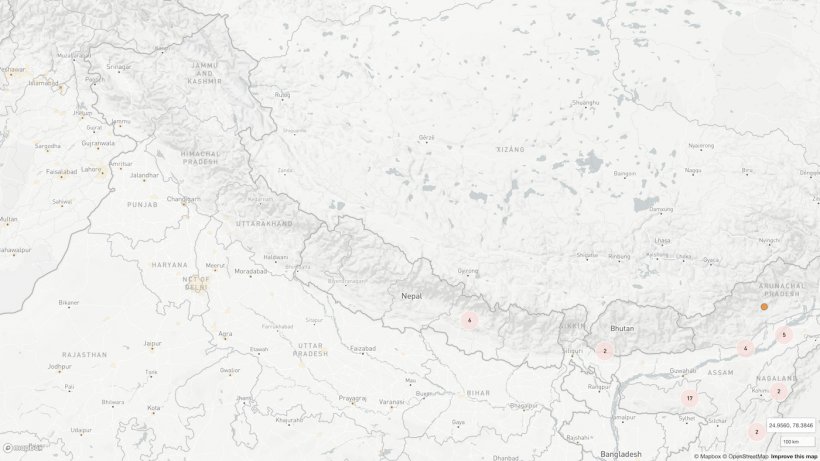 Ubicaci&oacute;n de los seis focos notificados hasta el momento en Nepal. Tambi&eacute;n se indican otros grupos de brotes cercanos. Fuente: OIE a partir de colaboradores de &copy;OpenStreetMap&nbsp;(https://www.openstreetmap.org/about/)
