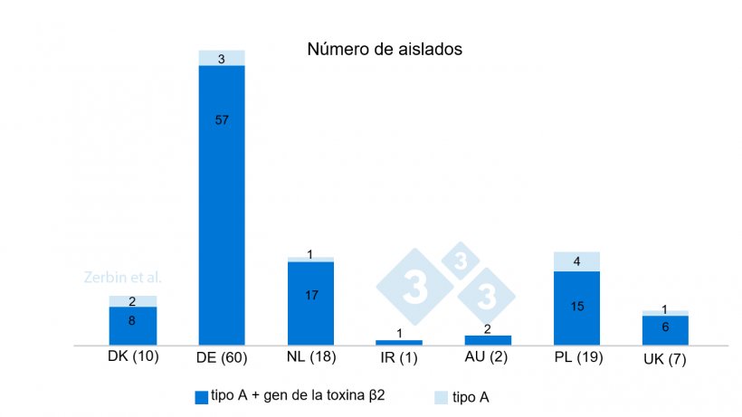 Figura 4. N&uacute;mero y porcentaje de aislados de C. perfringens con y sin el gen de la toxina &szlig;2&nbsp;de un total de 117 aislados por pa&iacute;s de origen. N&uacute;mero de aislados por pa&iacute;s entre par&eacute;ntesis.
