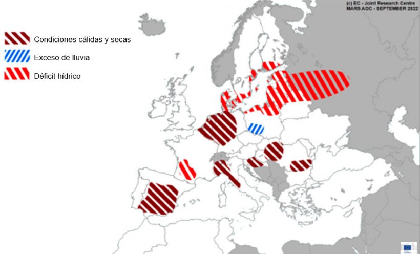 Mapa 1. Eventos climáticos extremos en Europa del 1 de agosto al 16 de septiembre del 2022 (fuente: MARS Butlletin 19/09/2022)