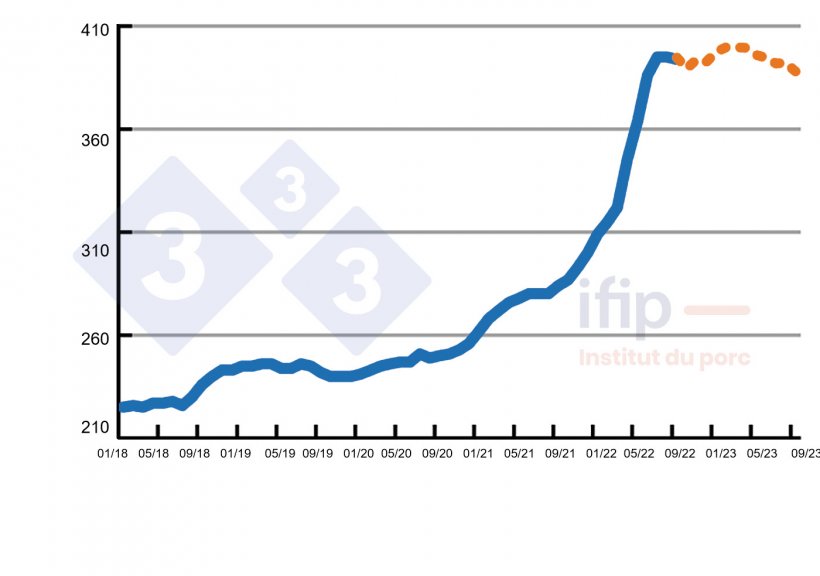 Precio del pienso (seg&uacute;n c&aacute;lculos del Ifip) en &euro;/t.
