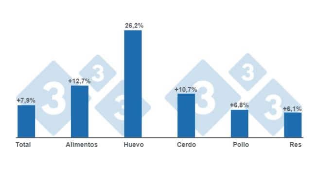Gráfico 1: Variación del índice Nacional de los Precios al Consumidor para la primera quincena de enero 2023. Elaborado por el Departamento de Economía e Inteligencia de Mercados con datos de la Secretaría de Agricultura y Desarrollo Rural de México.