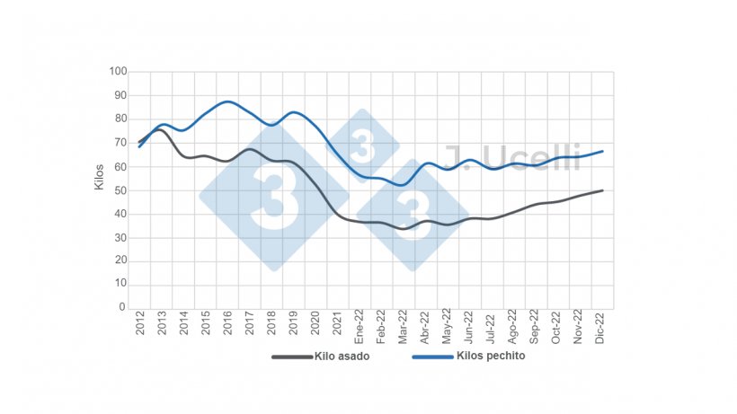 Gr&aacute;fico 5. Cantidad de kilos de asado vacuno o pechito de cerdo que se pueden adquirir con un Salario B&aacute;sico mensual. Fuente: autor con datos de&nbsp;INDEC - IPCVA
