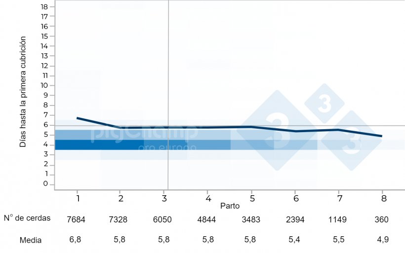 Gráfico 4. Intervalo destete-primera cubrición de cerdas nodrizas en función del número de parto 2017-2021.