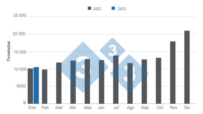 Gráfico 1: Importaciones mensuales de carne de cerdo en Colombia 2022 y enero de 2023. Elaborado por el Departamento de Economía e Inteligencia de Mercados con datos del DANE.