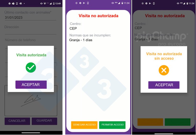 Imagen 1. Ejemplos de visita aceptada (izq), alerta de visita no autorizada (central) y rechazo de visita no autorizada (dch).
