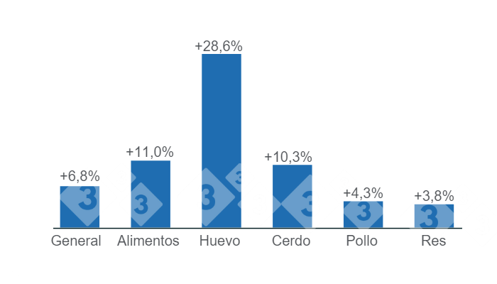 Gr&aacute;fico 1. Variaciones anuales del INPC total, alimentos y principales prote&iacute;nas de origen animal - marzo de 2023.&nbsp;Elaborado por el Departamento de Econom&iacute;a e Inteligencia de Mercados con datos del Servicio de Informaci&oacute;n Agroalimentaria y Pesquera (SIAP).
