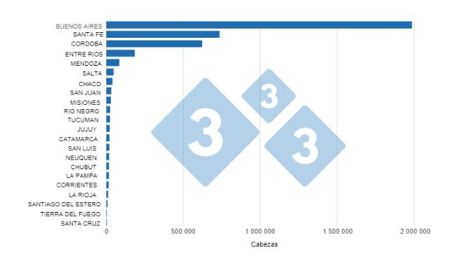 Gráfico 1. Faena de porcinos acumulada en el primer semestre por provincia. Elaborado por el Departamento de Economía e Inteligencia de Mercados con datos de la Secretaría de Agricultura, Ganadería y Pesca del Ministerio de Economía de Argentina 
