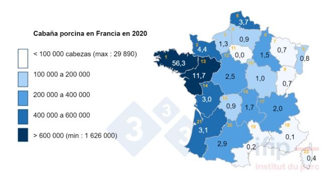 Distribución de la cabaña porcina en Francia en 2020. 1 Bretagne, 2 Basse-Normandie, 3 Haute-Normandie, 4 Picardie, 5 Nord-Pas-de-Calais, 6 Champagne-Ardenne, 7 Lorraine, 8 Alsace, 9 Franche-Comté, 10 Bourgogne, 11 IDF, 12 Centre, 13 Pays de la Loire, 14 Poitou-Charentes, 15 Limousin, 16 Auvergne, 17 Rhône-Alpes, 18 PACA, 19 Languedoc-Roussillon, 20 Midi-Pyrénées, 21 Aquitaine.