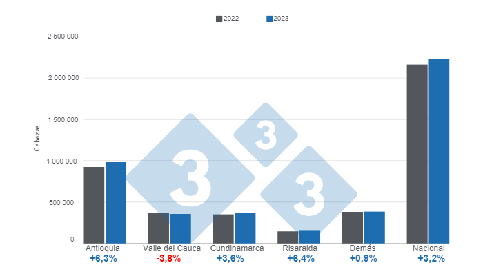 Gr&aacute;fico 1. Beneficio de porcinos acumulado de enero a mayo de 2023 por regi&oacute;n, variaciones respecto al mismo lapso de 2022.&nbsp;Elaborado por el Departamento de Econom&iacute;a e Inteligencia de Mercados&nbsp;&nbsp;333 Latinoam&eacute;rica con datos del DANE.&nbsp;
